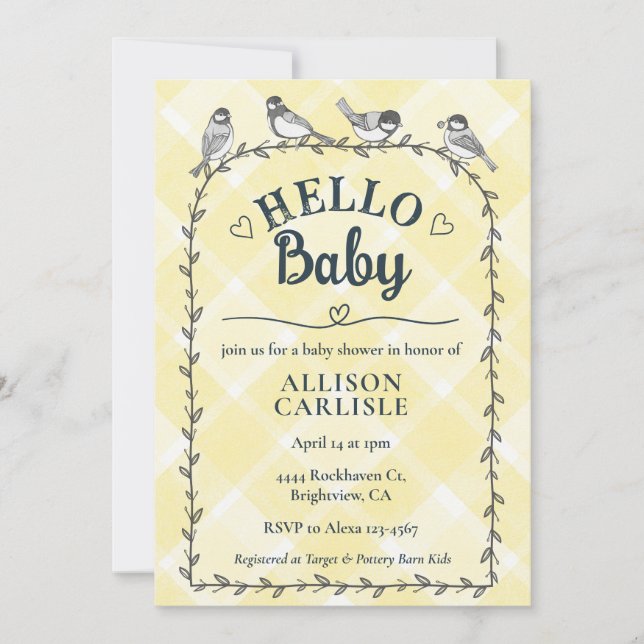 Invitation 015 Citron Aquarelle Gingham Oiseaux Baby Shower (Devant)
