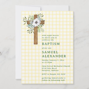 Invitation 015 Citron Campagnard Verdure Croix en Bois Baptêm