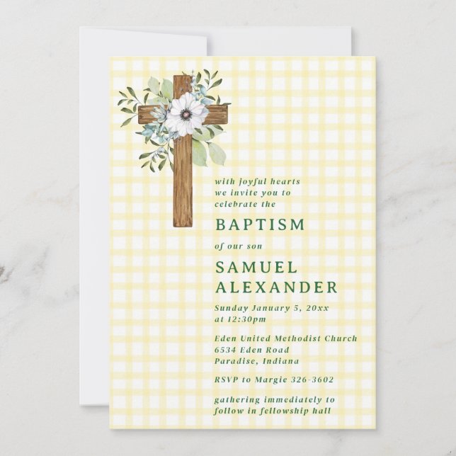 Invitation 015 Citron Campagnard Verdure Croix en Bois Baptêm (Devant)