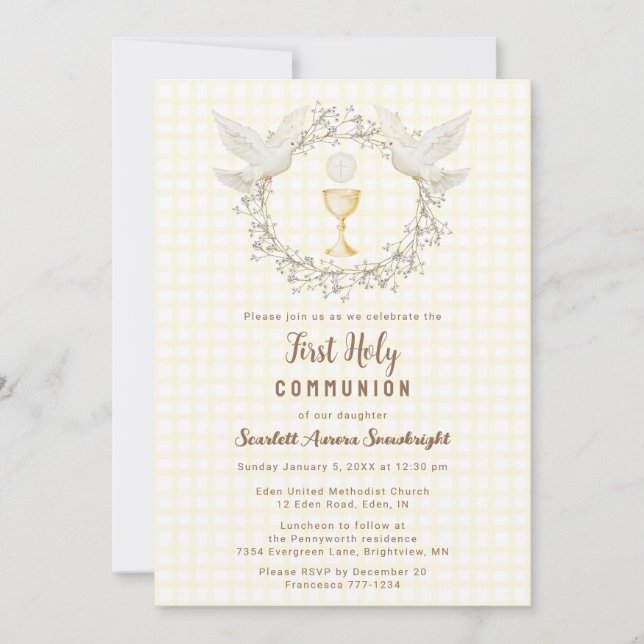 Invitation 015 Colombine Gingham & Chalice Première Communion (Devant)