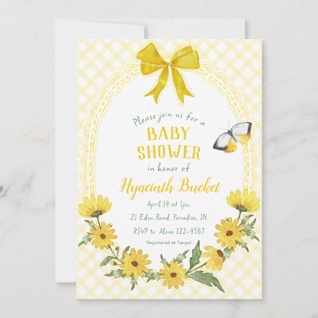 Invitation 015 Jaune Citron Fleur de Marguerite Nœud Gingham  (Devant)
