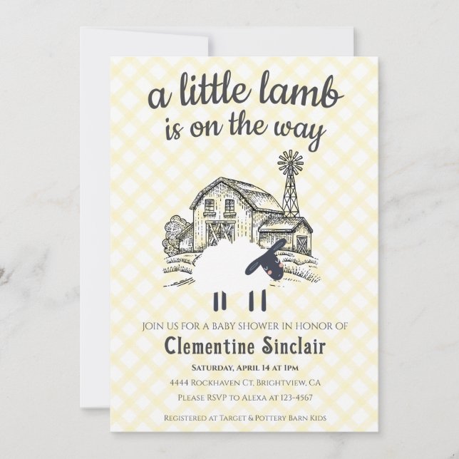 Invitation 015 Lemon A Little Lamb Farm Plaid Baby Shower (Devant)