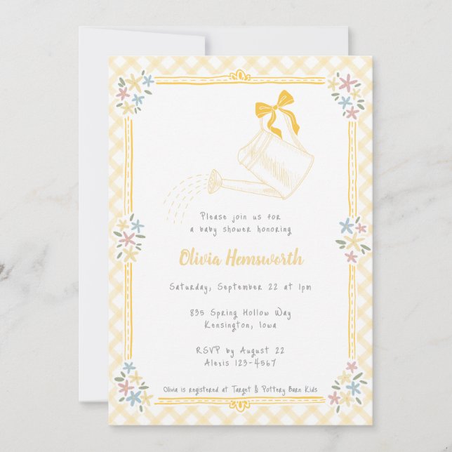 Invitation 016 Arrosoir Gingham Souci Fête Prénatale Bébé (Devant)