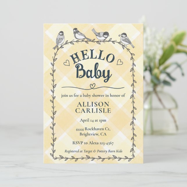 Invitation 016 Marigold Aquarelle Gingham Oiseaux Baby Shower (Debout devant)