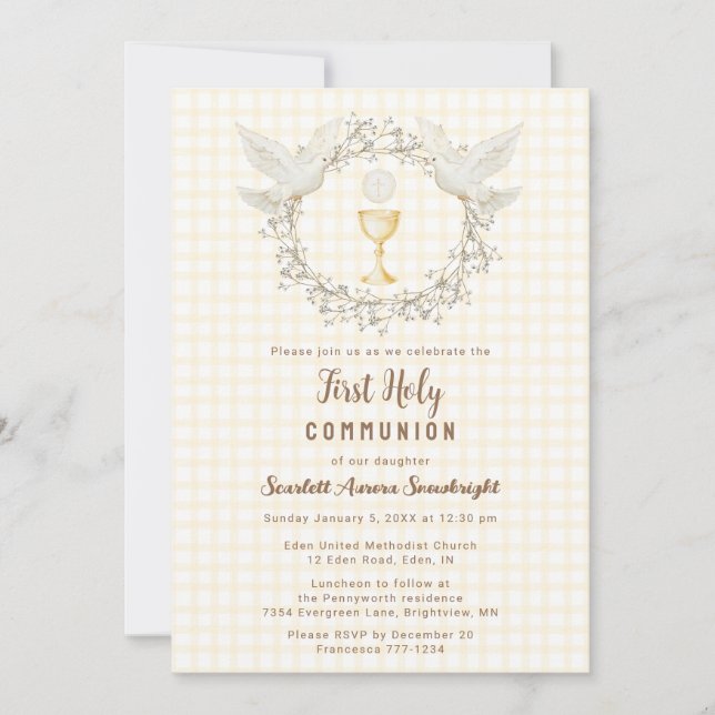 Invitation 016 Marigold Dove & Chalice Gingham 1ère Communion (Devant)