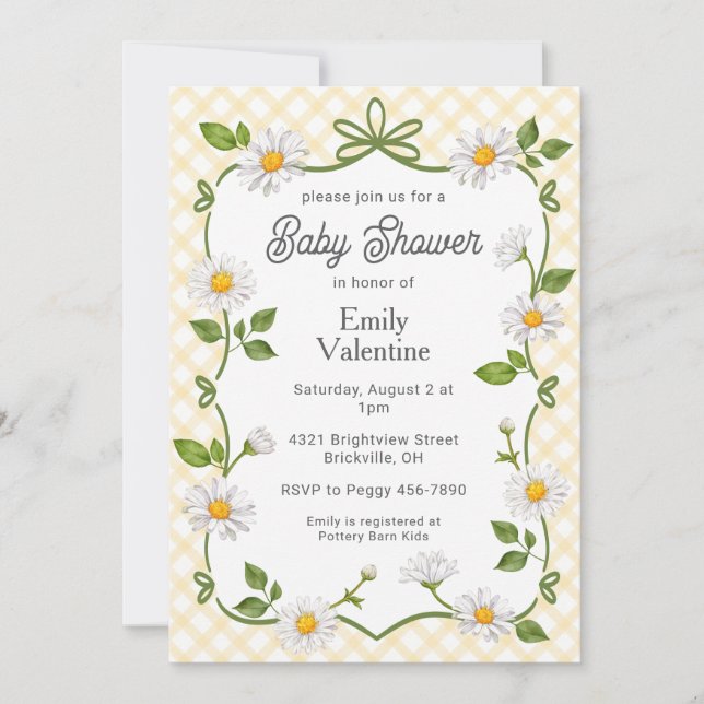 Invitation 016 Marigold Yellow Floral Daisy Plaid Baby Shower (Devant)