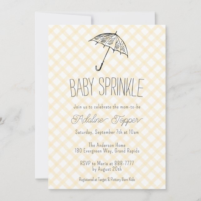 Invitation 016 Parapluie jaune marigold Gingham Baby Sprinkle (Devant)