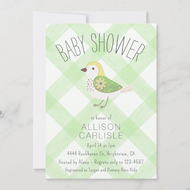 Invitation 017 Mignonne Fleur Oiseau Gingham Baby Shower (Devant)