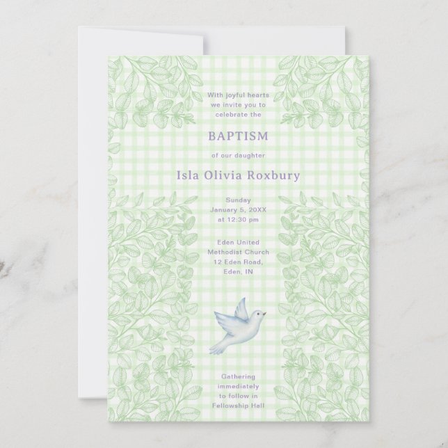 Invitation 017 Moss Dove Botanique Croix Gingham Baptême (Devant)