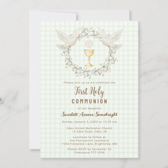 Invitation 017 Moss Dove & Chalice Gingham 1ère communion (Devant)