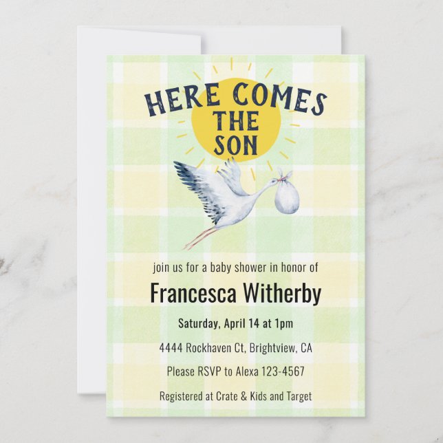 Invitation 017 Moss Gingham Plaid Stork Boho Baby Shower (Devant)