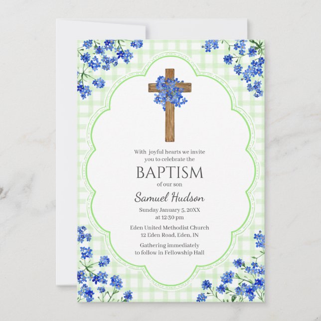 Invitation 017 Moss Green Blossom Rustic Cross Design Baptism (Devant)