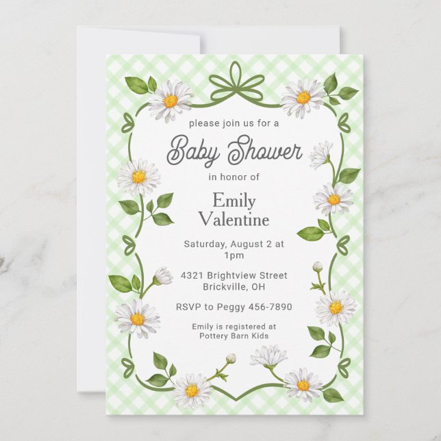 Invitation 017 Moss Green Floral Daisy Plaid Baby Shower (Devant)