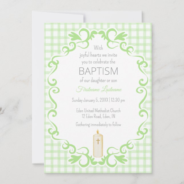 Invitation 017 Moss Green Scroll Gingham Cross Candle Baptism (Devant)