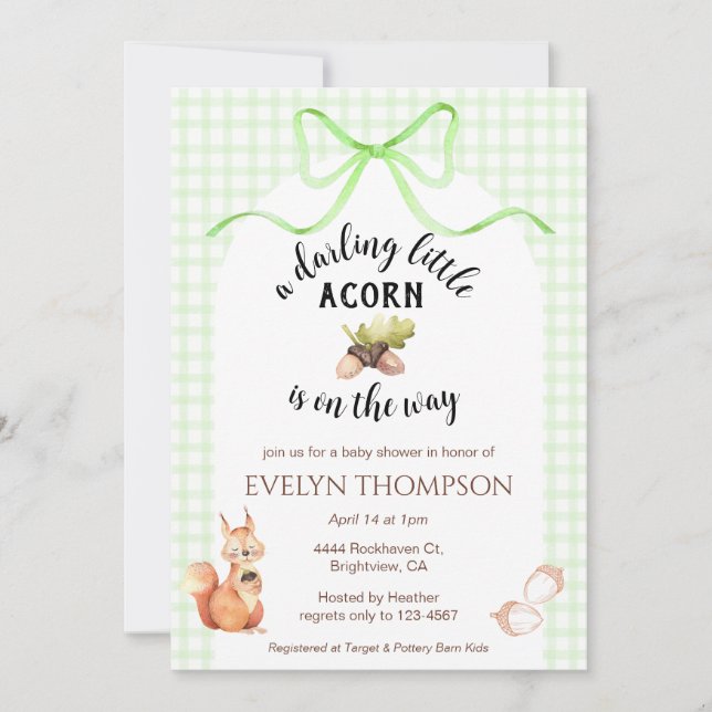 Invitation 017 Moss Green Squirrel Acorn Gingham Baby Shower (Devant)
