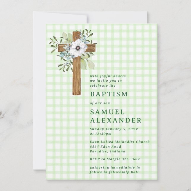 Invitation 017 Moussu Rustique Verdure Croix en Bois Baptême (Devant)