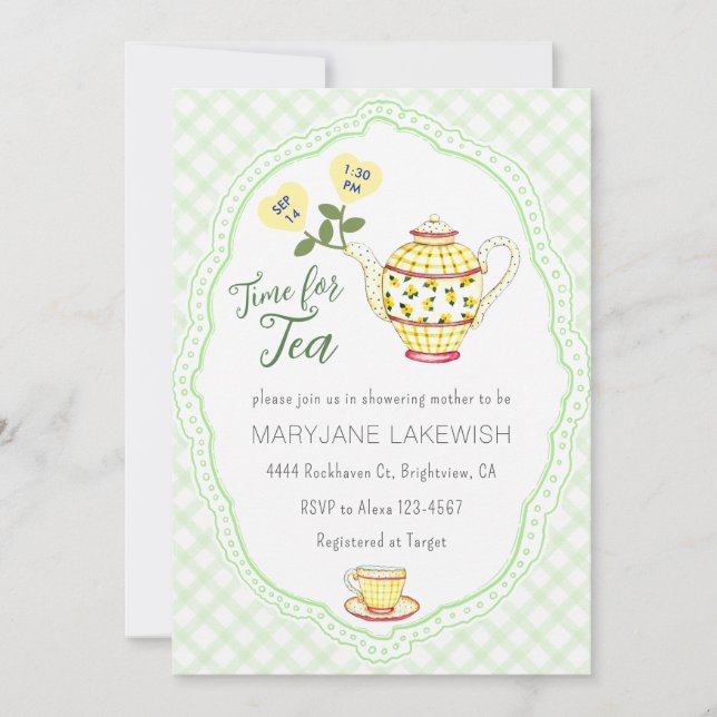 Invitation 017 Vert de mousse Mignon gingham Baby Shower thé  (Devant)