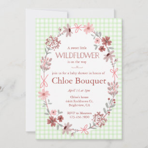 Invitation 017 Vert mousse Fleurs sauvages Ruban Gingham Baby