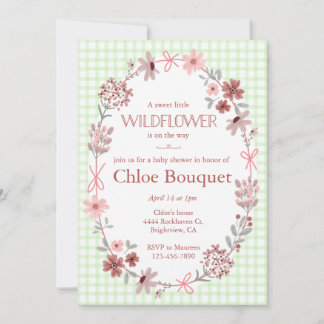 Invitation 017 Vert mousse Fleurs sauvages Ruban Gingham Baby