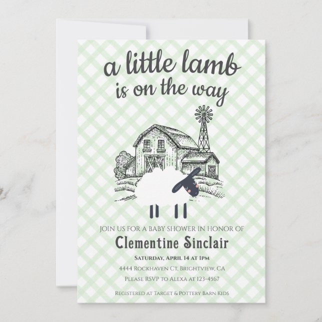 Invitation 018 Grass Green Little Lamb Farm Plaid Baby Shower (Devant)