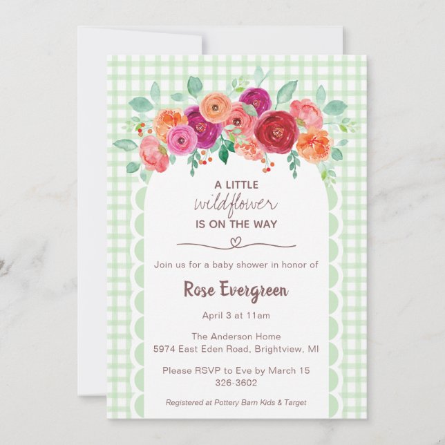 Invitation 018 Grass Green Watercolor Wildflower Baby Shower (Devant)