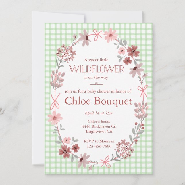 Invitation 018 Grass Green Wildflower Bow Gingham Baby Shower (Devant)