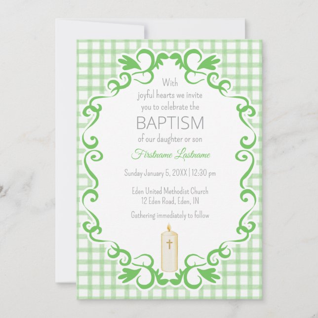 Invitation 018 Grass Scroll Gingham Cross Candle Baptism (Devant)