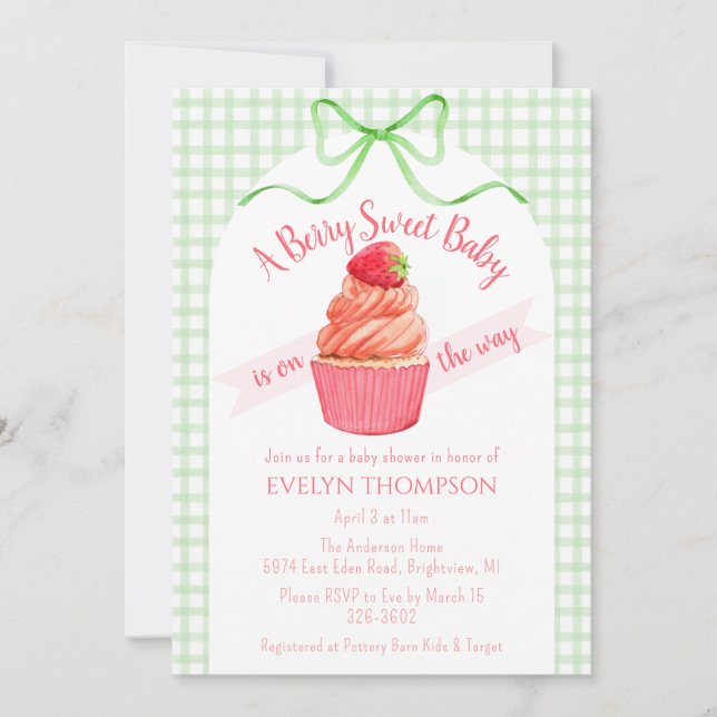 Invitation 018 Vert gazon Berry Fraise Douce Baby Shower (Devant)
