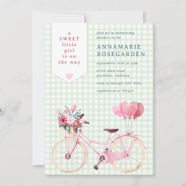 Invitation 018 Vert gazon Douce Fleur Fille Vélo Baby Shower (Devant)