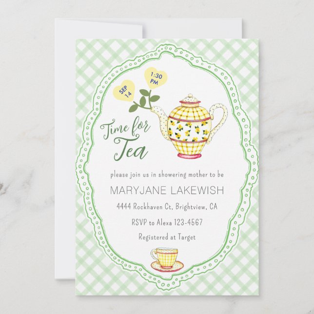 Invitation 018 Vert gazon Mignon Gingham Thé Party Baby Showe (Devant)