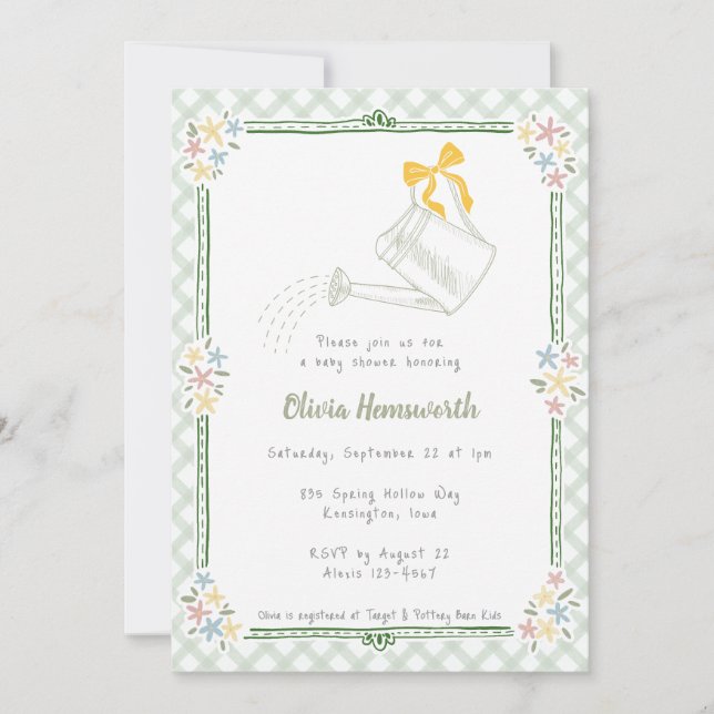 Invitation 019 Arrosoir Vert Forest Gingham Baby Shower (Devant)
