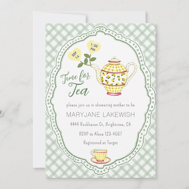 Invitation 019 Baby Shower Tea Party Mignon Gingham Forêt (Devant)