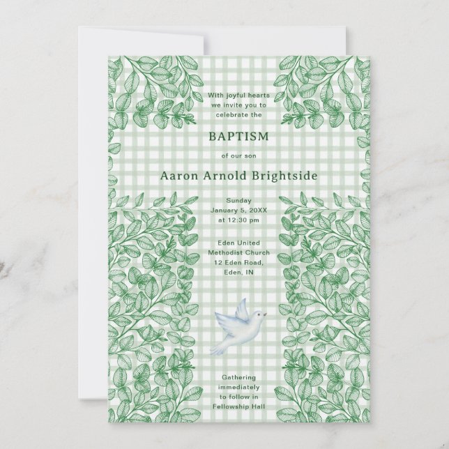 Invitation 019 Dove de la forêt Croix botanique Gingham Baptê (Devant)