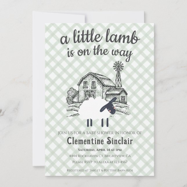 Invitation 019 Forest Green Little Lamb Plaid Baby Shower (Devant)