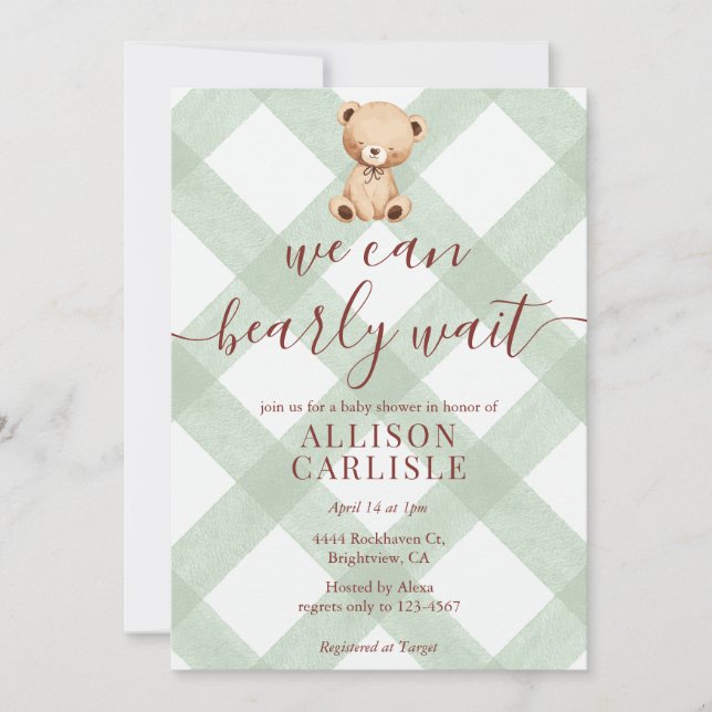 Invitation 019 Forest Green Teddy Bear Gingham Baby Shower (Devant)