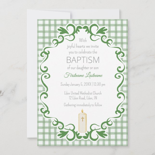 Invitation 019 Forest Scroll Gingham Cross Candle Baptism (Devant)