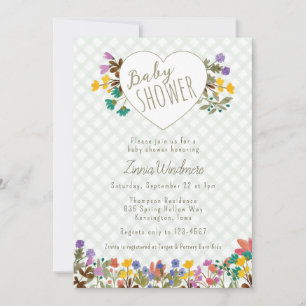 Invitation 019 Gingham de forêt Jardin Cœur Floral Baby Showe