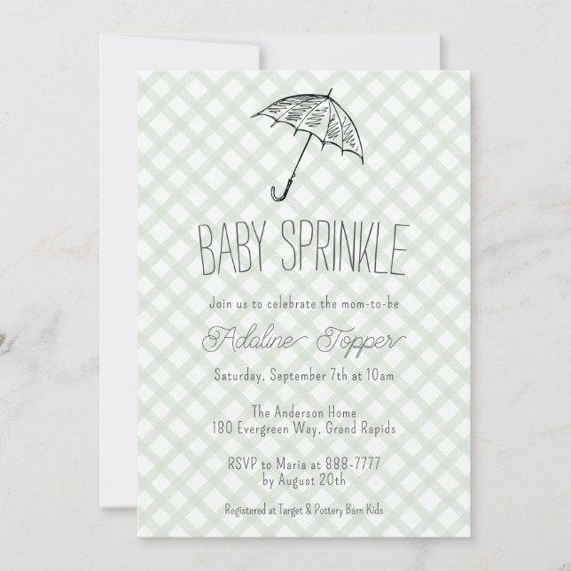 Invitation 019 Vert forêt Parapluie Gingham Bébé Sprinkle (Devant)