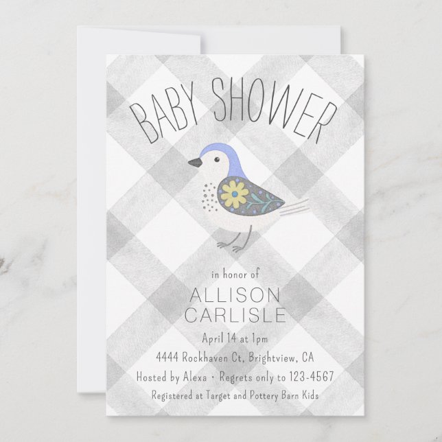 Invitation 020 Brouillard Gris Fleurs Mignon Oiseau Gingham B (Devant)