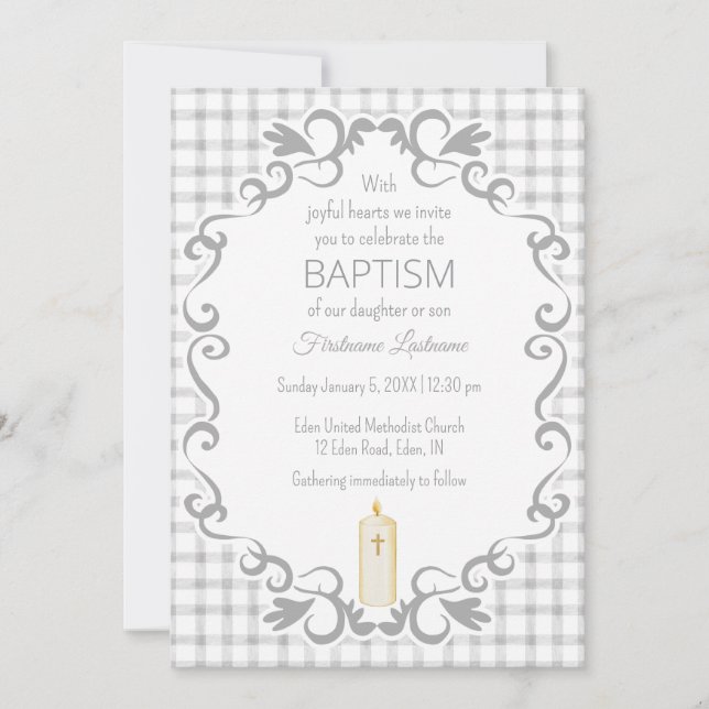Invitation 020 Fog Gray Scroll Gingham Cross Candle Baptism (Devant)