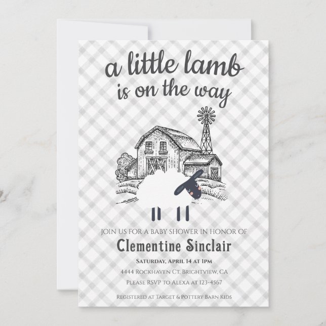 Invitation 020 Fog Grey Little Lamb Farm Plaid Baby Shower (Devant)