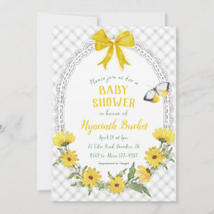 Invitation 020 Gris Foncé Jaune Daisy Nœud Gingham Baby Showe