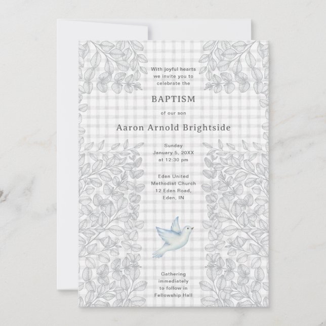 Invitation 020 Gris Fumé Colombe Botanique Croix Gingham Bapt (Devant)
