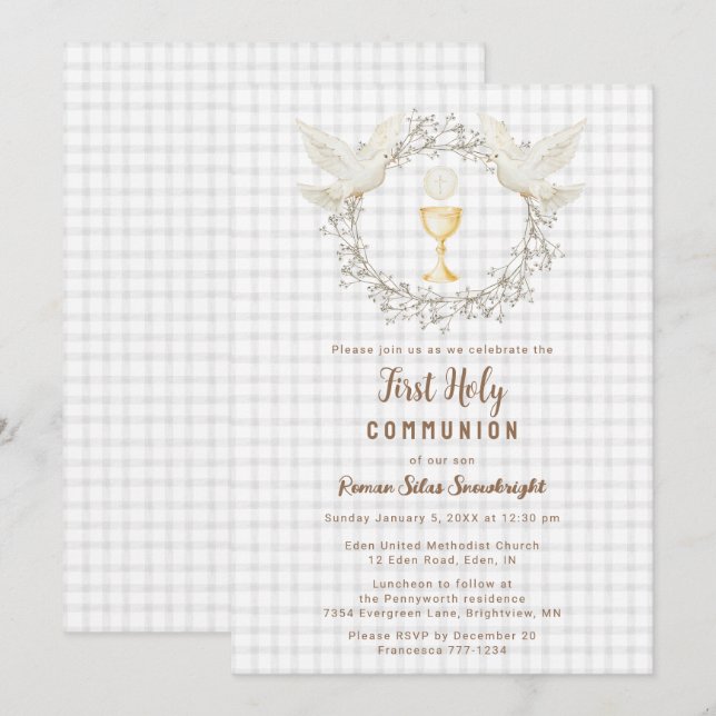 Invitation 020 Gris Fumé Colombe & Chalice Gingham 1ère Commu (Devant / Derrière)