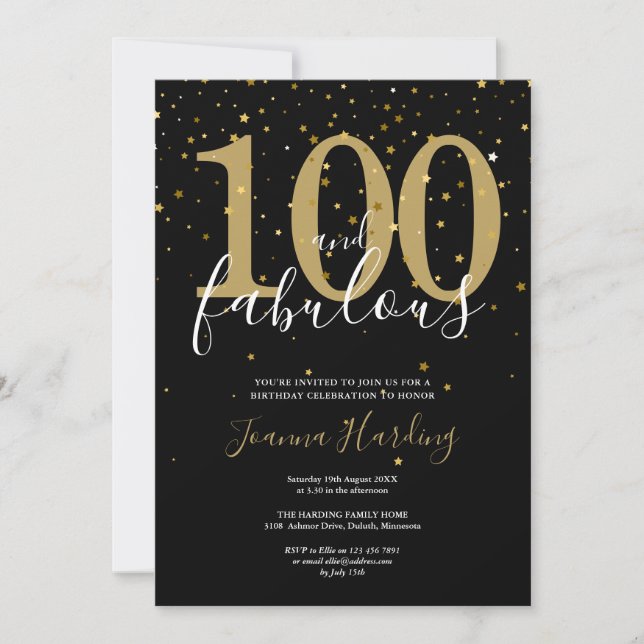 Invitation 100 ans et Fabuleux Élégant Or et Noir Anniversair (Devant)