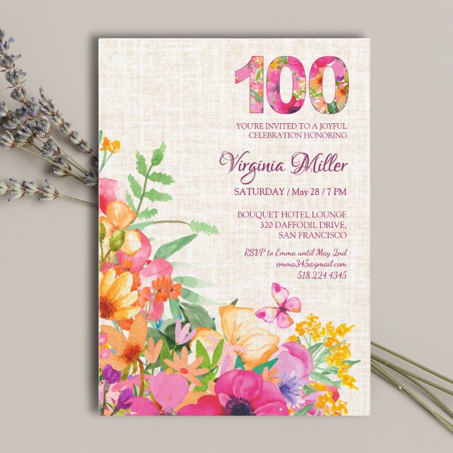 Invitation 100 ans Fleurs lin floral 100e anniversaire (Créateur téléchargé)