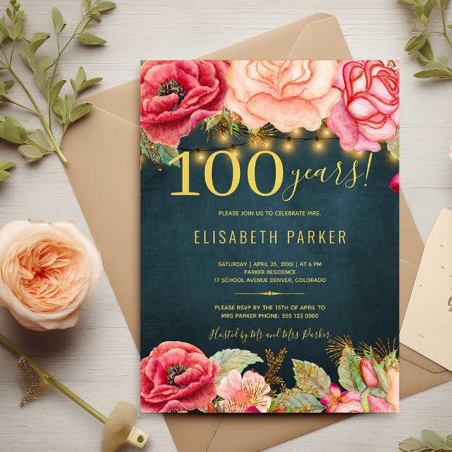 Invitation 100 ans floral élégant fête des 100 ans (Créateur téléchargé)