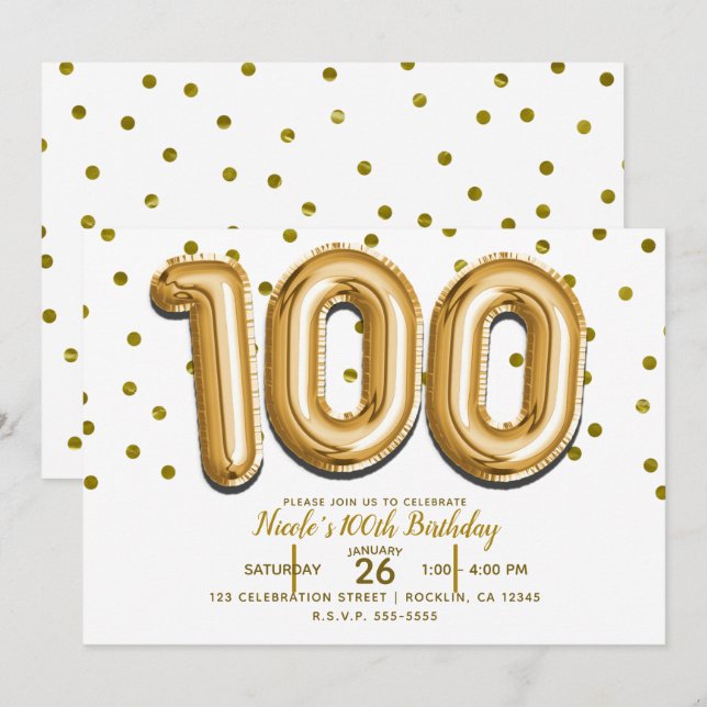 Invitation 100 Ballons Dorés et Confettis Fête d'anniversaire (Devant / Derrière)