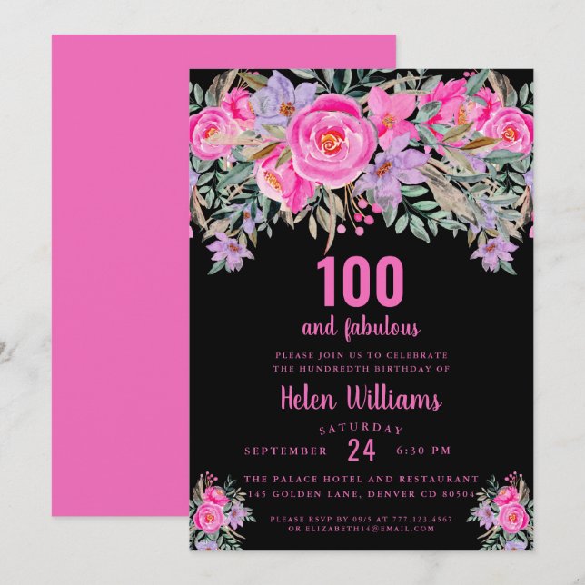 Invitation 100 et fabuleux noir rose 100e anniversaire (Devant / Derrière)