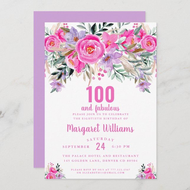 Invitation 100 et fabuleux rose violet 100e anniversaire (Devant / Derrière)